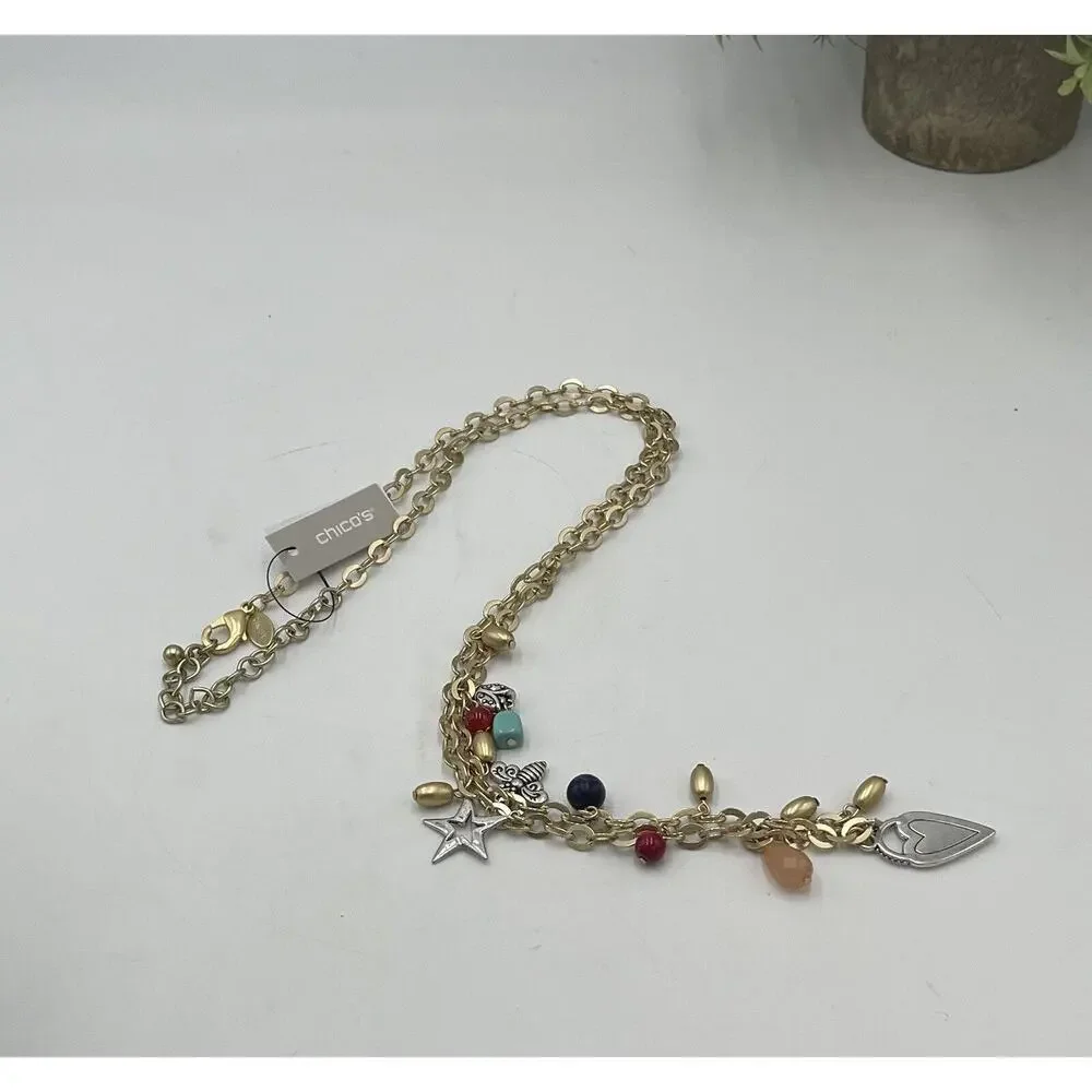 Chicos Gold Tone with Silver Tone (NWT Charms Dangle Double Strand Necklace New‎